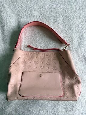 MCM Pink Embossed Leather Shoulder Hobo